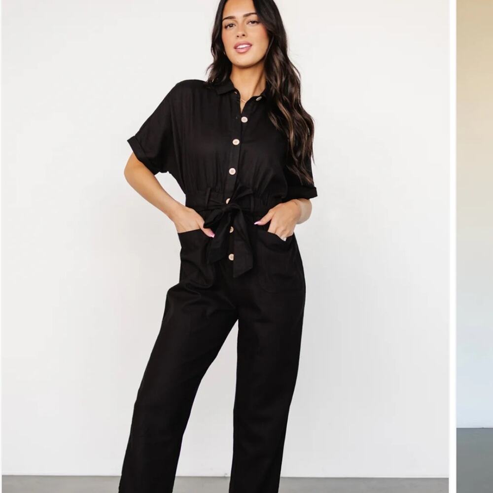 Baltic Born Dallas Button Up Black Tie-Waist Jumpsuit